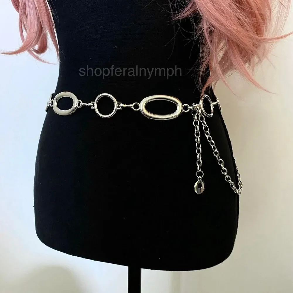 Silver Y2K Oval Open Ring Chain Belt, Fits 26-44 Inches, X7GA1286